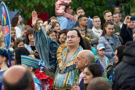 Grodno, Belarus, June 3, 2022 XIII festival of national cultures. Parade in national costumes in the...
