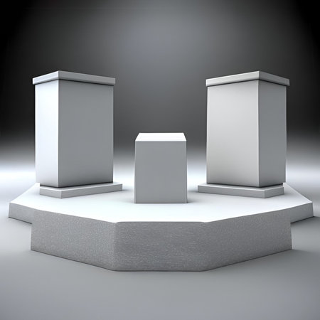 Pedestals or podiums, abstract geometric empty for product presentation. Gallery platform, free stands for items. 3dの素材