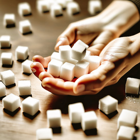 Lump sugar in women's hands. Refined sugar. Created by an AI artificial intelligence system.の素材