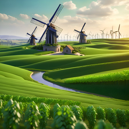 Modern windmills on a green field. Clean electricity conceptの素材