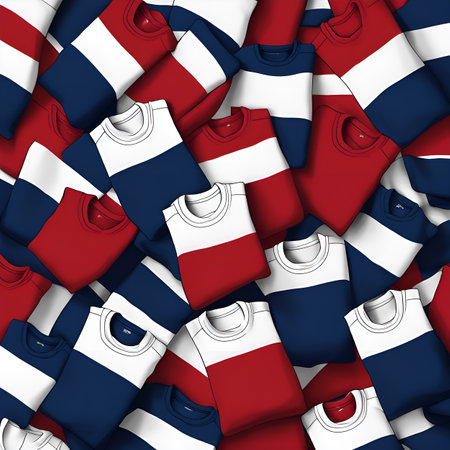 Red, blue and white T-shirts lie in a stack. The concept of diversity in the world and freedom of choice. Generative AIの素材