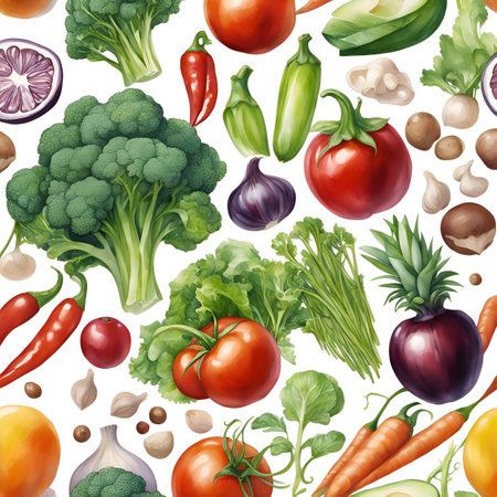 Vegetarianism. Fresh vegetables and fruits on the table. Watercolor illustrationの素材