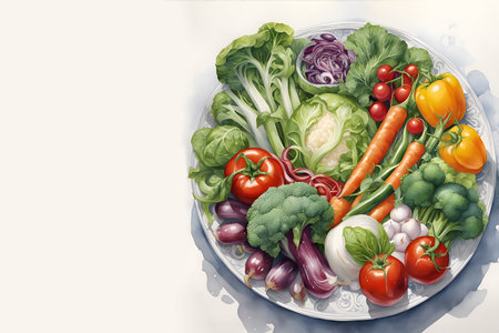 Vegetarianism. Fresh vegetables and fruits on the table. Watercolor illustration with place for text.の素材