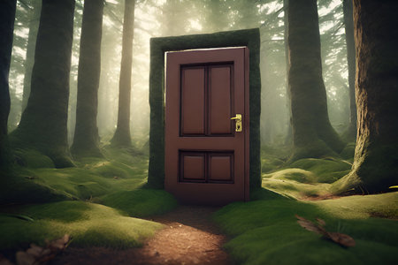 Open doors with doorway in the forest.の素材