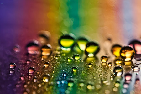 Raindrops on a window on a colorful rainbow background, macro photography.の素材