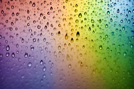 Raindrops on a window on a colorful rainbow background, macro photography.の素材