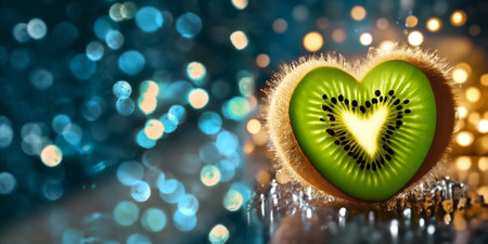 Kiwi in the shape of a heart. Festive background for Valentine's Day. Illustration with place for text.の素材