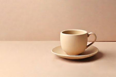 Handmade clay cup and saucer. Minimalism. Illustration with place for text.の素材