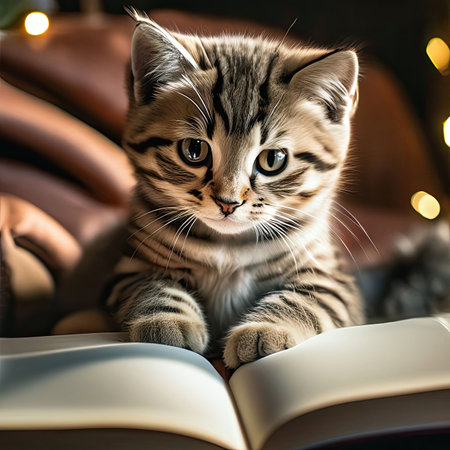 Cute tabby british kitten sitting on a book at homeの素材