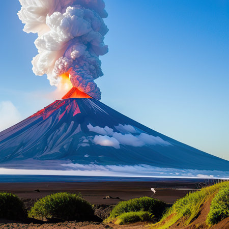 Volcano on the background of grass and blue sky at sunset.の素材