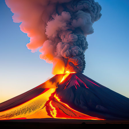 Volcanic eruption with smoke and ash in the foreground at sunriseの素材