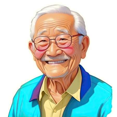 An elderly Asian man with a mustache smiles. The old man is enjoying the moment. Watercolor illustration on a white background.の素材