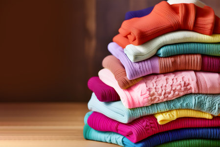 Stacked multi-colored knitted clothes. Concept - lifestyle, order in the house, minimalism. Illustration with place for textの素材