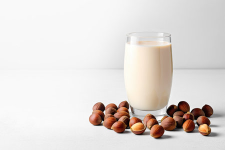 There is nut milk in a glass. Illustration on a light background with space for text.の素材