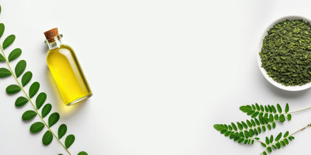 Moringa oil is used as a cosmetic. The concept is a healthy lifestyle. Banner with place for textの素材