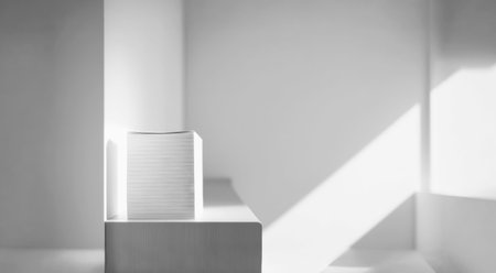 A minimalist white block is positioned on a smooth wooden surface, illuminated by soft light creating gentle shadows, enhancing the serene and modern atmosphere of the sceneの素材