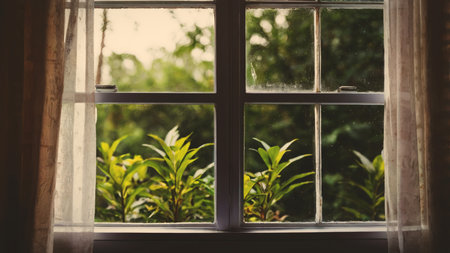 A charming window view showcases lush greenery outside, framed by delicate soft curtains, creating a tranquil ambiance that invites nature indoors and enhances the living spaceの素材
