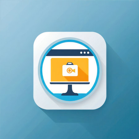 A modern computer screen icon features a camera symbol, representing photography and digital media. The design is clean and minimalistic, with a blue background and vibrant colors, ideal for tech themesの素材