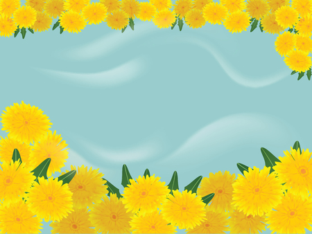 postcard yellow dandelions on a blue background around the edgeのイラスト素材