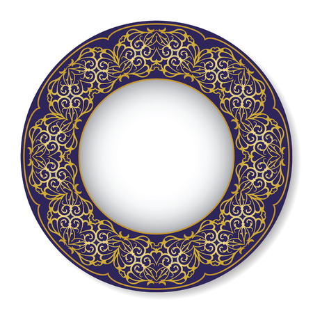 Vector illustration of a white and blue plate with gold patternのイラスト素材
