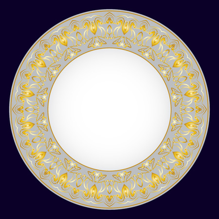 Vector illustration of a white and gray plate with gold patternのイラスト素材