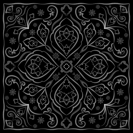 Black handkerchief with white ornament. Square ornament for print on fabric, vector illustration.のイラスト素材