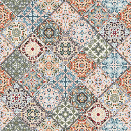 Orange, green and blue abstract patterns in the mosaic set. Square scraps in oriental style. Vector illustration. Ideal for printing on fabric or paper.のイラスト素材