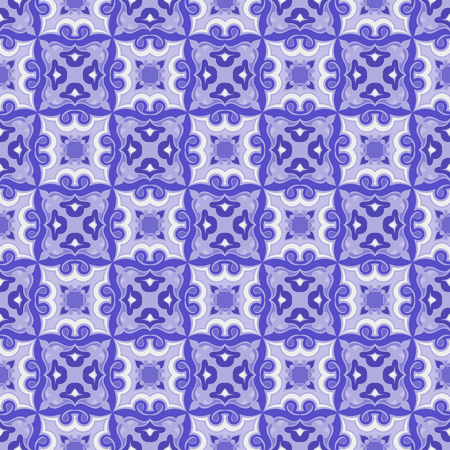 Blue and white Oriental pattern. Seamless symmetrical pattern of swirls, lines and stars. Vector illustration.のイラスト素材