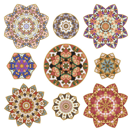 Set of nine abstract circular element. Round colorful mandalas. Graphic template for your design. Decorative retro ornament. Vector illustration.のイラスト素材