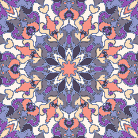 Seamless vector pattern with colored mandalas. Eastern bright ornament with black outline. Vector illustration.のイラスト素材