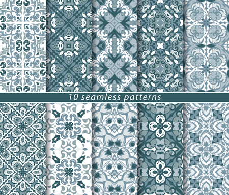 Vector set of ten delicate blue and white seamless patterns. Classic ornaments in Oriental style. Vector illustration.のイラスト素材