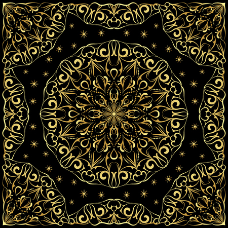 Ornament for scarf with gold pattern on black background. You can use for carpet, shawl, pillow, cushion. Vector illustration.のイラスト素材