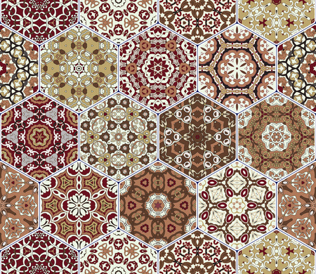 Abstract seamless pattern tiles. Colorful vector set of hexagonal elements for design of wallpaper, fabric or wrapping paper.のイラスト素材