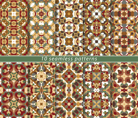 Set of bright seamless patterns. A collection of ten ornaments of red and orange in an ethnic style. Vector illustration.のイラスト素材