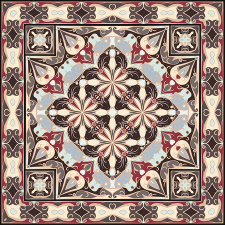 Bright color pattern in Oriental style. Square ornament for shawls, scarves or pillow. Can be used for printing onto fabric or paper. Vector illustration.のイラスト素材