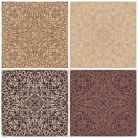 Four square patterns of brown and cream shades. Oriental ornament for the design of scarves, scarves or textiles. Vector illustration.のイラスト素材