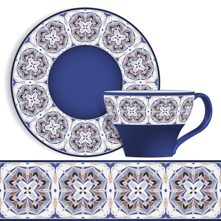 Cup and saucer with Oriental lilac pattern on the edge. Vector illustration on a white background.のイラスト素材