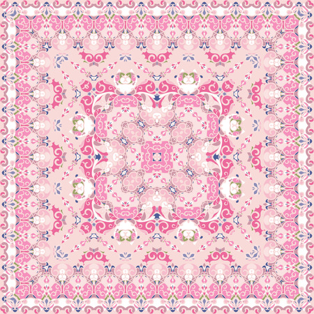 Bright pink colored handkerchief. Rich striking pattern for a scarf. Square ornament in Oriental style. Vector illustration.のイラスト素材