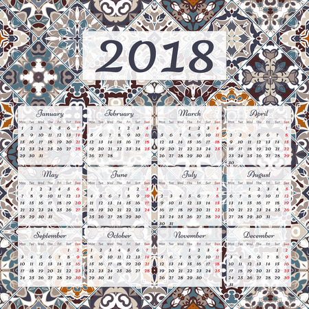 Wall calendar for 12 months 2018 on the background tile pattern in Oriental style. Week Starts Monday.のイラスト素材