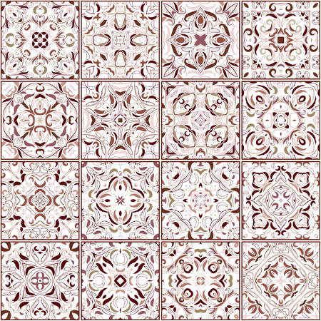 A collection of different ceramic tiles in retro colors. A set of square patterns in ethnic style. Vector illustration.のイラスト素材