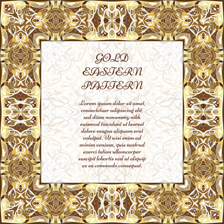 Gold square frame. Ornate vignette for Your design cards, invitations. Element in Arabic style. Vector illustration.のイラスト素材