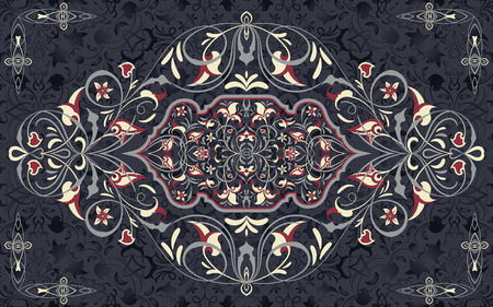 Vector decorative element in Oriental style. Richly decorated with arabesques ornament for the design of greeting cards, invitations and web pages. Arabic pattern in red colors on black background.のイラスト素材