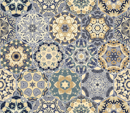 Bright seamless pattern of hexagonal tiles with vintage ornament. Colorful vector set of elements for design of wallpaper, fabric or wrapping paper.のイラスト素材