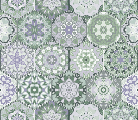 Set of vector seamless arabic patterns. Collection of hexagonal ceramic tiles in shades of blue and green.のイラスト素材