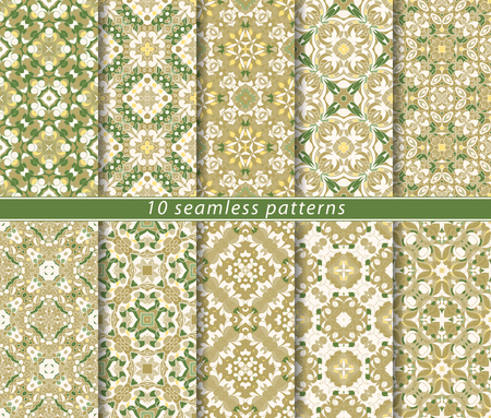 Ten seamless patterns in Oriental style. Eastern ornaments for design fabric, wrapping paper or scrapbooking. Vector illustration in green colors.のイラスト素材