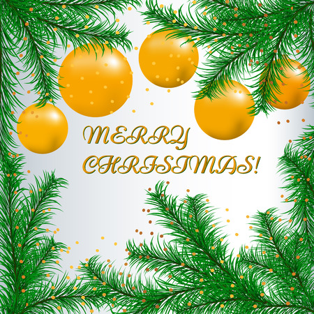 Happy new year card with fir branches and yellow Christmas balls.のイラスト素材