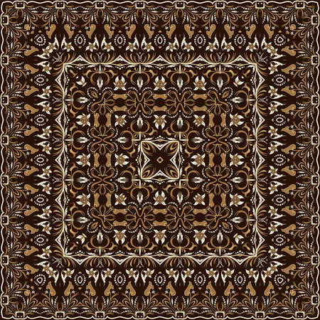 Vintage Arabic pattern. Persian colored carpet. Rich ornament for fabric design, handmade, interior decoration, textiles. Brown background.のイラスト素材