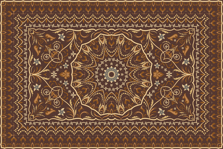 Vintage Arabic pattern. Persian colored carpet. Rich ornament for fabric design, handmade, interior decoration, textiles. Brown background.のイラスト素材