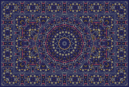 Vintage Arabic pattern. Persian colored carpet. Rich ornament for fabric design, handmade, interior decoration, textiles. Blue background.のイラスト素材