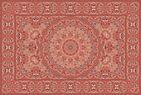 Vintage Arabic pattern. Persian colored carpet. Rich ornament for fabric design, handmade, interior decoration, textiles. Red background.のイラスト素材